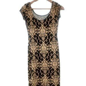 Black & Beige Geometric Patterned Cap Sleeve Dress By Diosa, small